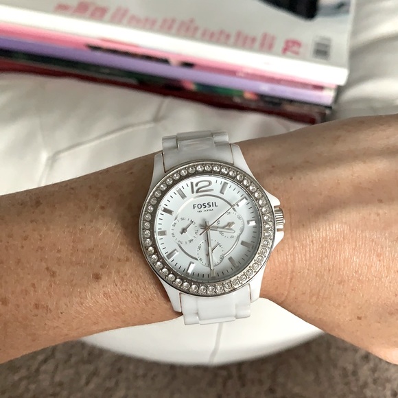 Fossil White Enamel CZ Watch Stainless Steel - Picture 5 of 7